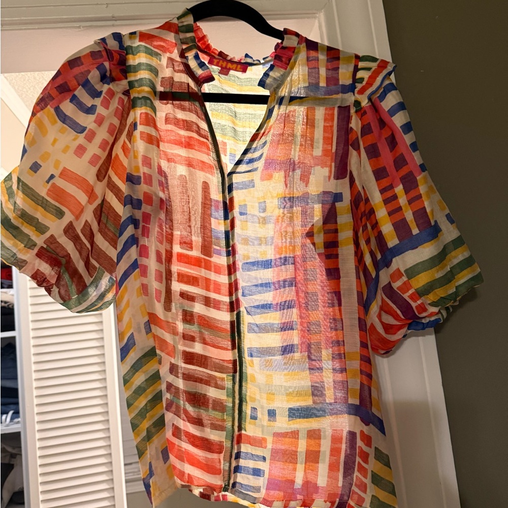 THML Multicolor Striped Sheer Ruffle Neck Blouse